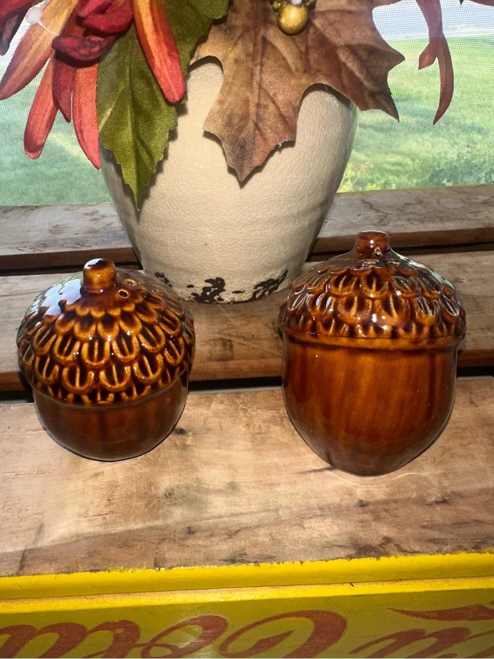 Ceramic Textured Acorn Salt and Pepper Shakers - Brown Glaze. - New